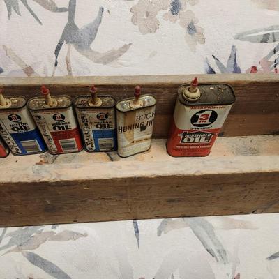 Vintage Wooden Tool Box w Vintage Singer & 3 in 1 Oil Tins