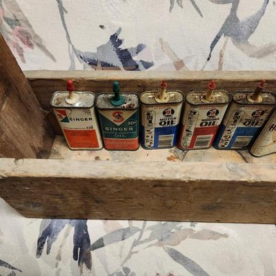 Vintage Wooden Tool Box w Vintage Singer & 3 in 1 Oil Tins