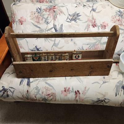Vintage Wooden Tool Box w Vintage Singer & 3 in 1 Oil Tins
