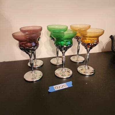 6 Vintage Mid Century Chrome Stem Cocktail Glasses