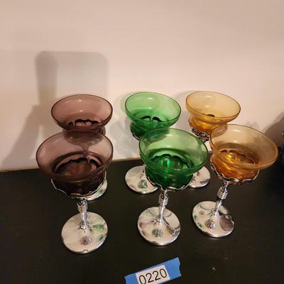 6 Vintage Mid Century Chrome Stem Cocktail Glasses