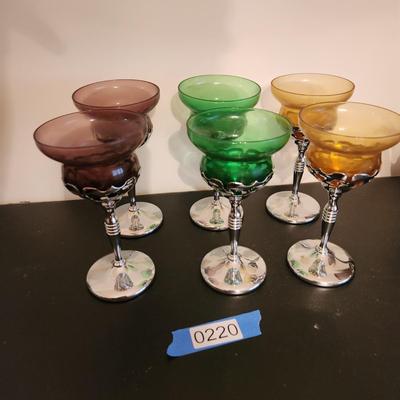 6 Vintage Mid Century Chrome Stem Cocktail Glasses