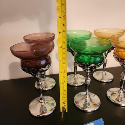 6 Vintage Mid Century Chrome Stem Cocktail Glasses