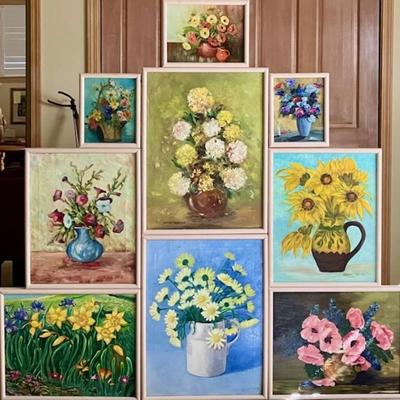 Unique Room Divider Made With Nine Original Floral Paintings