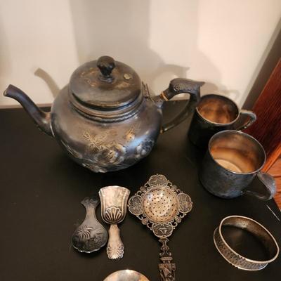 Lot of Vintage Silver Plate Tea pot Cups, Utensils