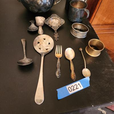 Lot of Vintage Silver Plate Tea pot Cups, Utensils