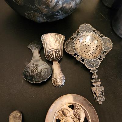 Lot of Vintage Silver Plate Tea pot Cups, Utensils