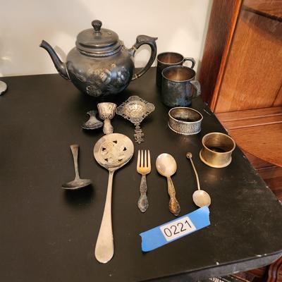 Lot of Vintage Silver Plate Tea pot Cups, Utensils