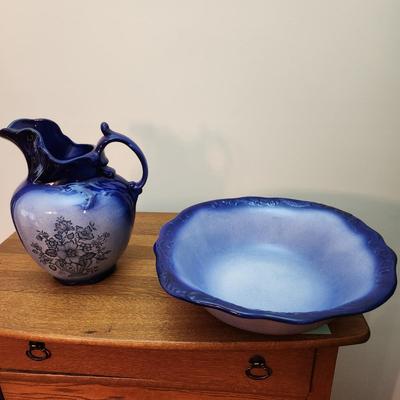 Flow-Blue Water Pitcher & Bowl