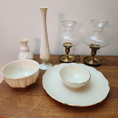 Lenox USA , Belleek, 2 Brass Candle Holders w Globes