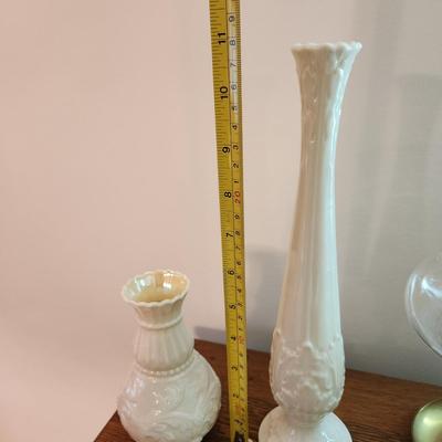 Lenox USA , Belleek, 2 Brass Candle Holders w Globes