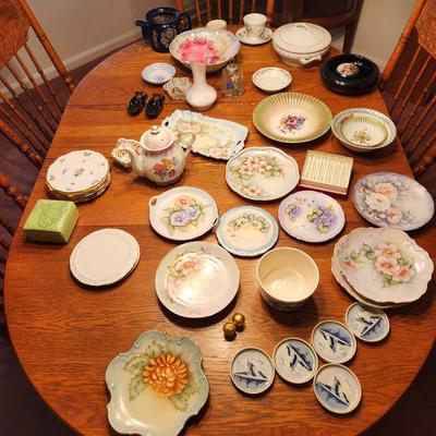 Table Top Full of China Plates , Fenton Vase, Tea pot, Bowls, Delft Holland, Herend, Bareuther, Royal Crown