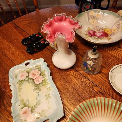 Table Top Full of China Plates , Fenton Vase, Tea pot, Bowls, Delft Holland, Herend, Bareuther, Royal Crown