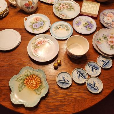 Table Top Full of China Plates , Fenton Vase, Tea pot, Bowls, Delft Holland, Herend, Bareuther, Royal Crown