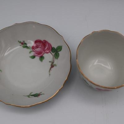 Meissen Porcelain Red Rose Candle Holder, Lidded Box and Teacup & Saucer
