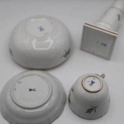 Meissen Porcelain Red Rose Candle Holder, Lidded Box and Teacup & Saucer