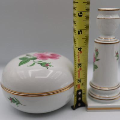 Meissen Porcelain Red Rose Candle Holder, Lidded Box and Teacup & Saucer