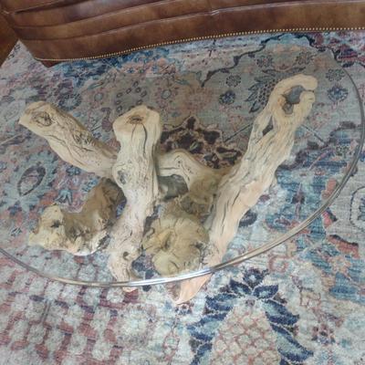 Glass Top Coffee Table with Driftwood Base- Approx 23" x 40" x 15" Tall