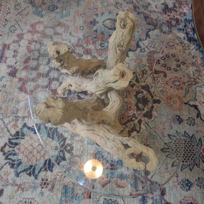 Glass Top Coffee Table with Driftwood Base- Approx 23" x 40" x 15" Tall