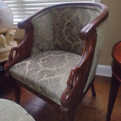 Vintage Carved Wood Swan Design Barrel Chair with Ottoman