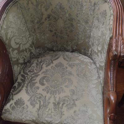 Vintage Carved Wood Swan Design Barrel Chair with Ottoman