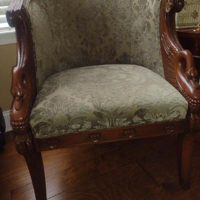 Vintage Carved Wood Swan Design Barrel Chair with Ottoman