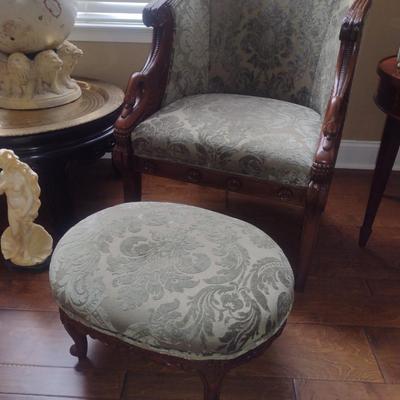 Vintage Carved Wood Swan Design Barrel Chair with Ottoman