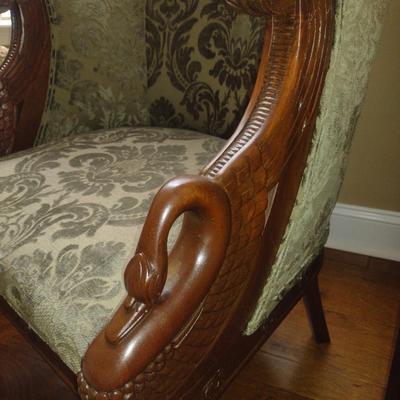 Vintage Carved Wood Swan Design Barrel Chair with Ottoman