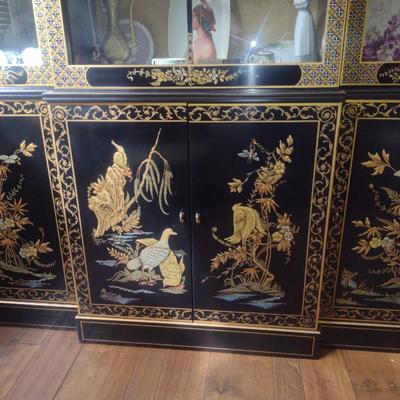 Lacquer Finish Asian Design Curio/China Lighted Display Cabinet- Approx 55" Wide, 12" Deep, 79 1/2" Tall (No Contents...