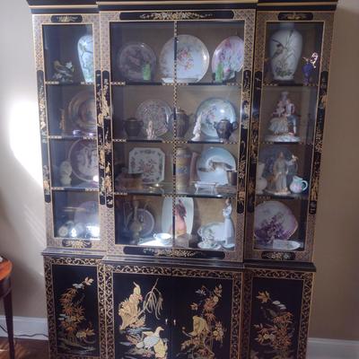 Lacquer Finish Asian Design Curio/China Lighted Display Cabinet- Approx 55" Wide, 12" Deep, 79 1/2" Tall (No Contents...