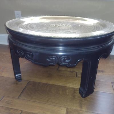 Vintage Round Asian Ming Style Low Coffee Table with Brass Tray- Approx 29 1/4" in Diameter, 15 3/4" Tall