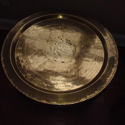 Vintage Round Asian Ming Style Low Coffee Table with Brass Tray- Approx 29 1/4" in Diameter, 15 3/4" Tall