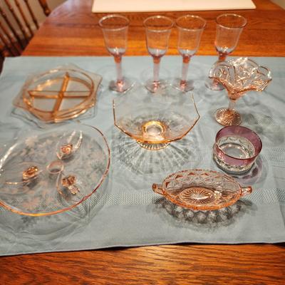 Depression Glass Lot Glasses, Bowl, Serving Dish