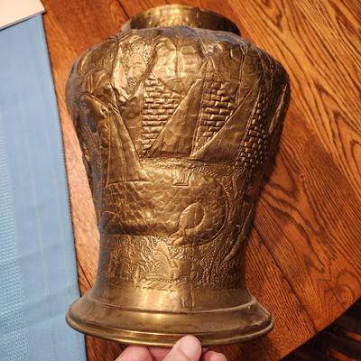 Metal Vase Urn 12" tall 6" opening Elephant People