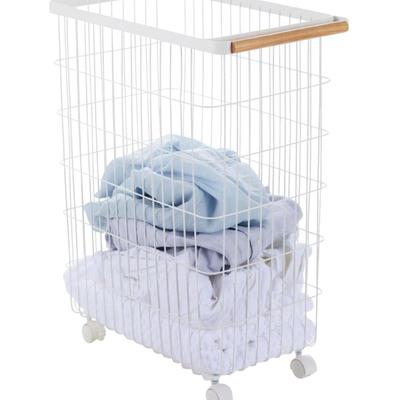 Home Wire Slim Saving Rolling Wheeled Clothing Hamper | Steel + Wood | Laundry Basket, One Size, White