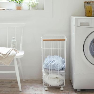 Home Wire Slim Saving Rolling Wheeled Clothing Hamper | Steel + Wood | Laundry Basket, One Size, White