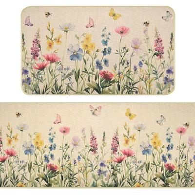 Pair of Wildflower Kitchen Mats, Non Slip Floral Kitchen Floor Mats, Vintage Flowers Kitchen Rugs for Floor, Washable Kitchen Mats for...