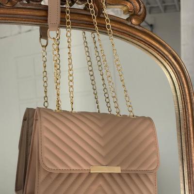 Tan Faux Leather Chevron Quilted Purse Handbag w/Gold Chain Strap