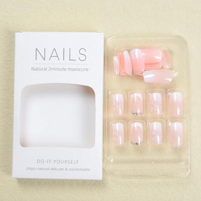 MM - Square Press on Nails French Fake Nails Medium Length False Nails with Rhinestone Design Spring Leave Acrylic Nails Gradient Pink...