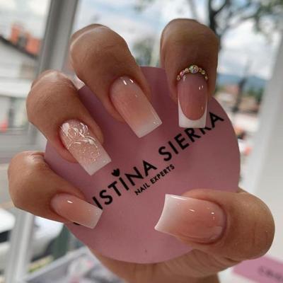 MM - Square Press on Nails French Fake Nails Medium Length False Nails with Rhinestone Design Spring Leave Acrylic Nails Gradient Pink...