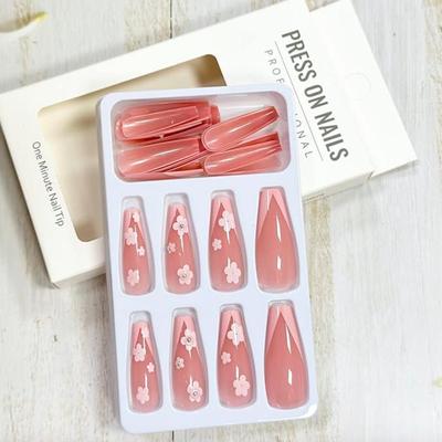 V - French Tip Press on Nails Medium Fake Nails Full Cover Coffin Acrylic Artificial Nails with Designs Cute Flower Glue on Nails Spring...