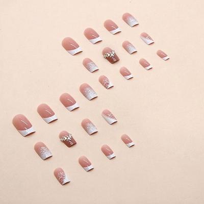 S - Press on Nails Short- 24 Pcs French Tip Nails Medium Square White Nail Tips Fake Nails Full Cover Nude Acrylic False Nails with...