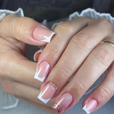 L - French Tip Press On Nails Coffin Medium Short Square Fake Nails Nude White Glitter Designs Acrylic Glossy Stick Glue on Nails Full...