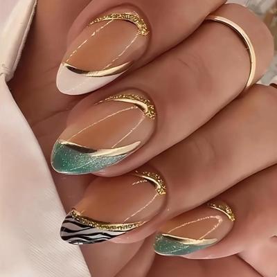 I - 24pcs Almond Wearable Nail Art French Style with Golden Foil Removable Nail False Nail Stickers, with a Jelly Sticker and a Nail...