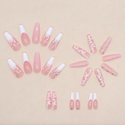 G - Press on Nails Long Length Coffin Fake Nails with White Flower Design Luxury Glossy Stick French Acrylic Full Cover False Nails for...