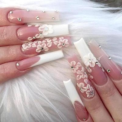 G - Press on Nails Long Length Coffin Fake Nails with White Flower Design Luxury Glossy Stick French Acrylic Full Cover False Nails for...