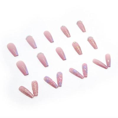 A - Long Press on Nails Coffin Glue on Nails Full Cover Glitter Design Rhinestones Fake Nails Cute Flower Stick on Nails Spring Acrylic...