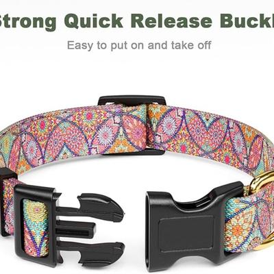 Size Large Colorful Sacred Pink Mandala Art Printed Adjustable Quick Release Nylon Dog Collar w/Durable D-Ring