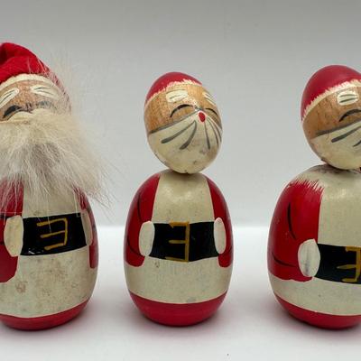 Vintage Made in Japan Small Wooden Christmas Kokeshi Santa Claus & Snowmen Peg Dolls