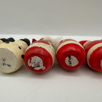 Vintage Made in Japan Small Wooden Christmas Kokeshi Santa Claus & Snowmen Peg Dolls